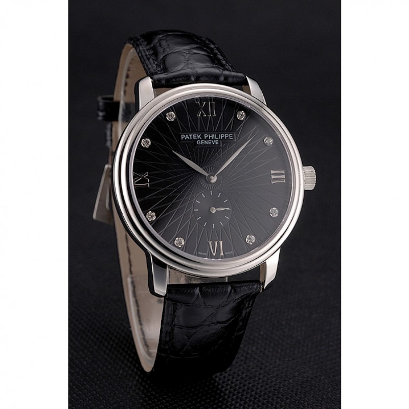 Patek Philippe Calatrava Replica Watch, Quartz, Japanese Movement, Polished Steel Case, Black Dial