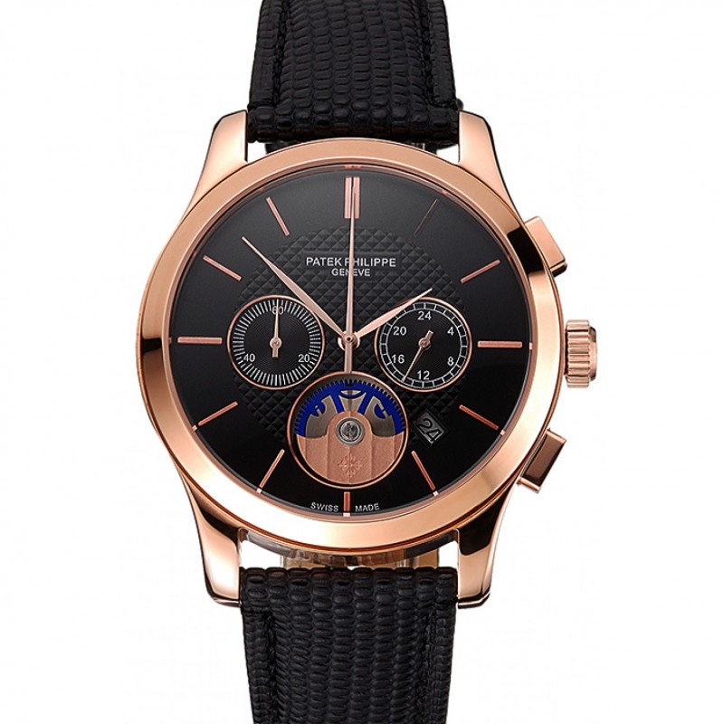 Patek Philippe Chronograph Replica Watch, Quartz Movement, 18k Rose-Gold Plated, Black Dial, Men's