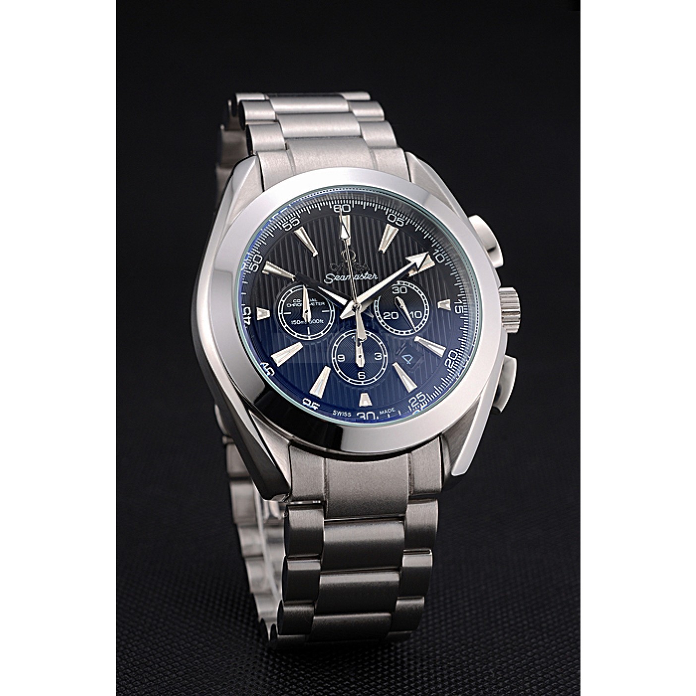 Omega Seamaster Replica Watch, Quartz Movement, Black Dial, Stainless Steel Case, Chronograph