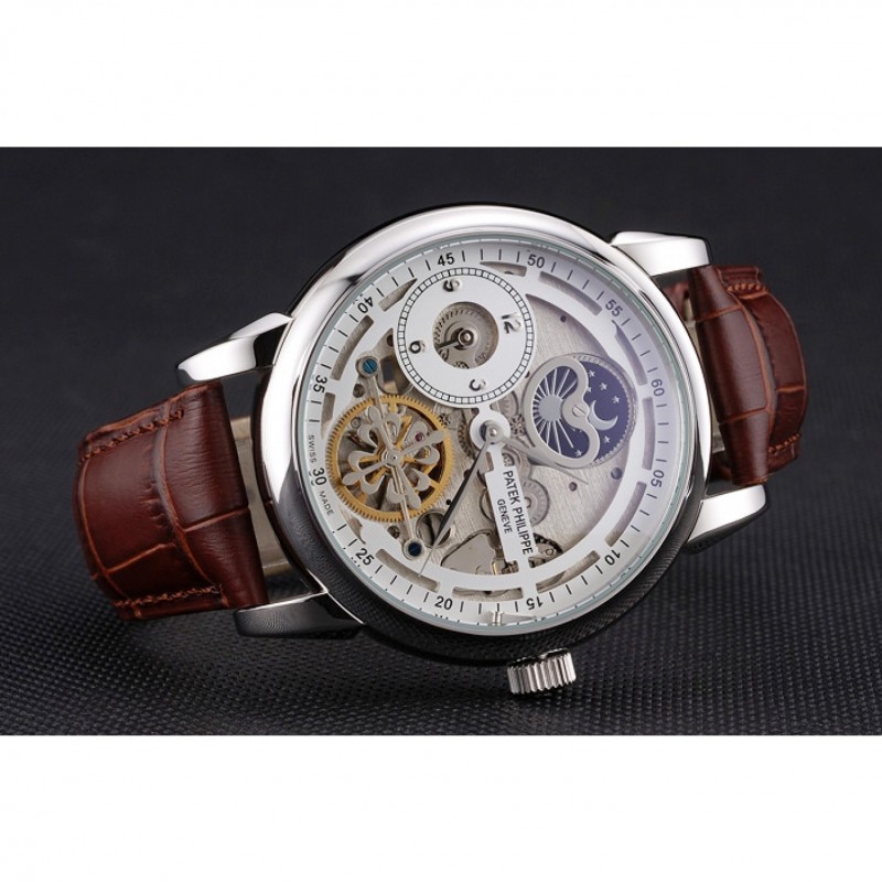 Patek Philippe Dual Time Moonphase Tourbillon Replica Watch, Automatic, Silver Dial