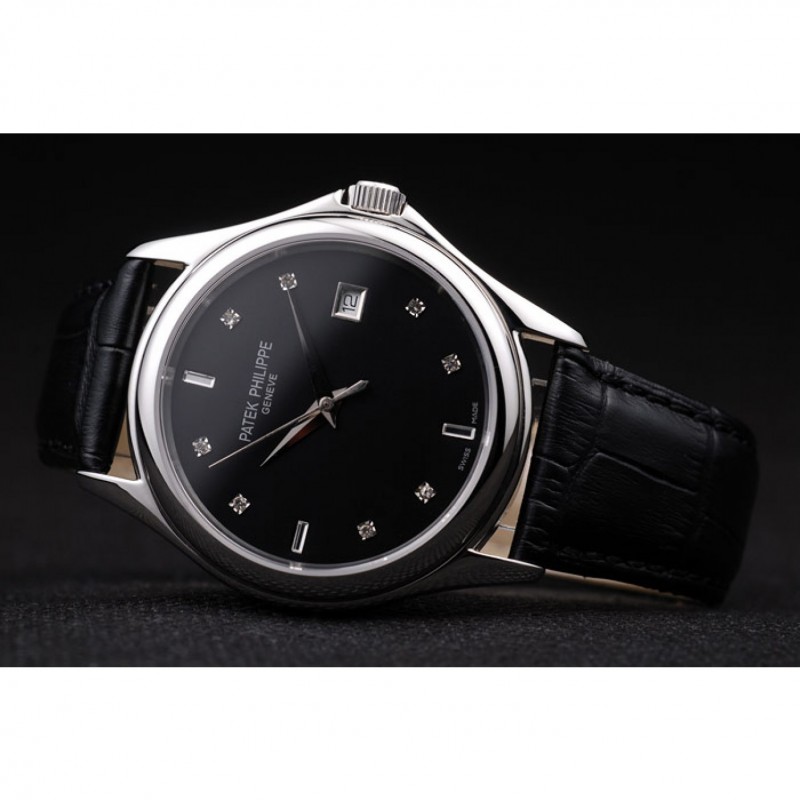 Patek Philippe Geneve Calatrava Replica Watch, Automatic, Japanese, Black Leather Strap, 46x38mm