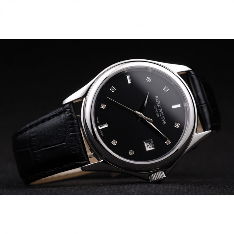 Patek Philippe Geneve Calatrava Replica Watch, Automatic, Japanese, Black Leather Strap, 46x38mm
