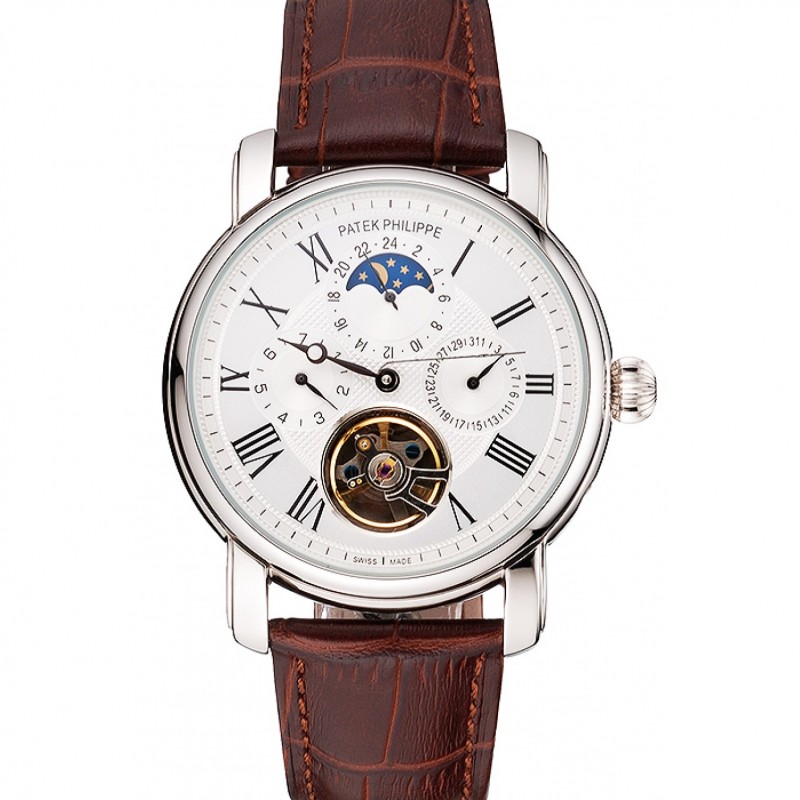 Patek Philippe Grand Complications Replica, Automatic Movement, White Dial, 50x42mm, Brown Leather