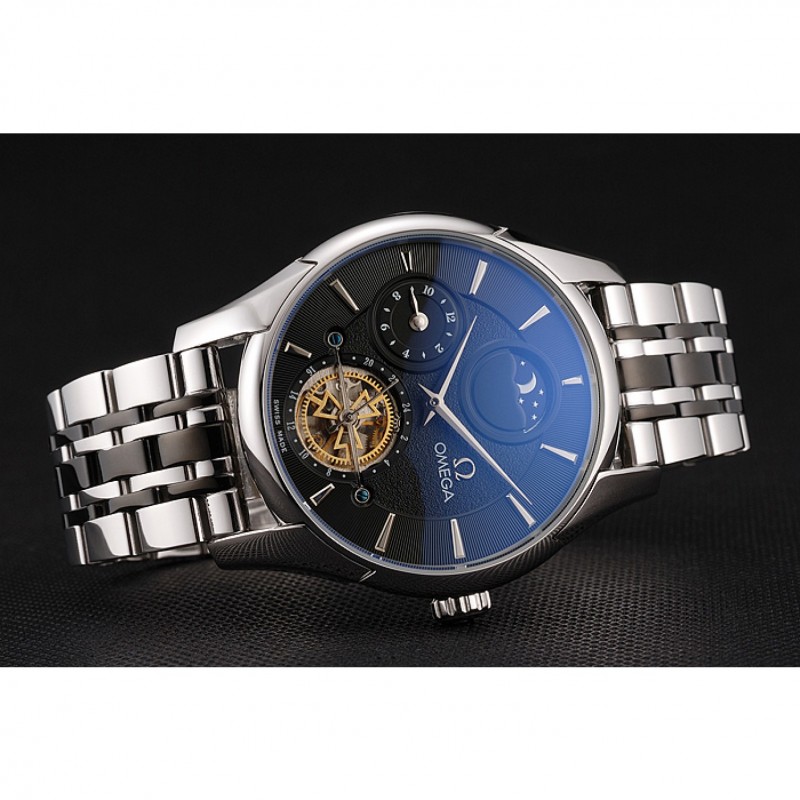 Omega De Ville Moonphase Tourbillon Black Replica Watch, Automatic, Japanese, Polished Steel Case