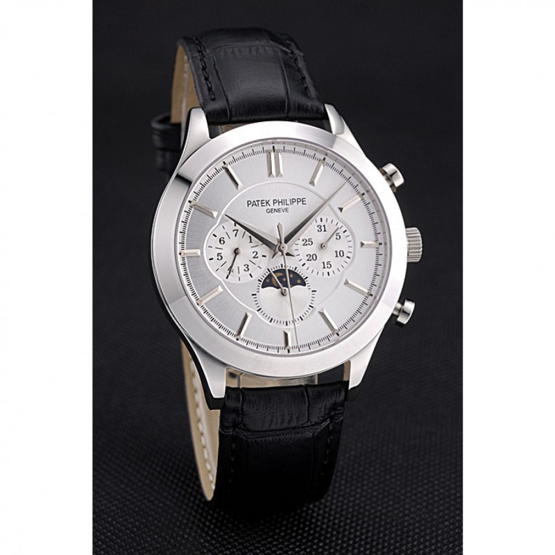 Patek Philippe Moonphase Chronograph Replica, Automatic Movement, Silver Dial, Steel Case, Model