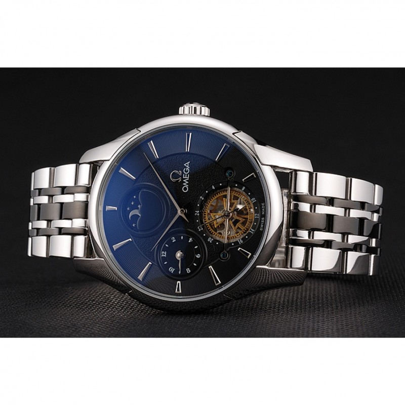 Omega De Ville Moonphase Tourbillon Black Replica Watch, Automatic, Japanese, Polished Steel Case