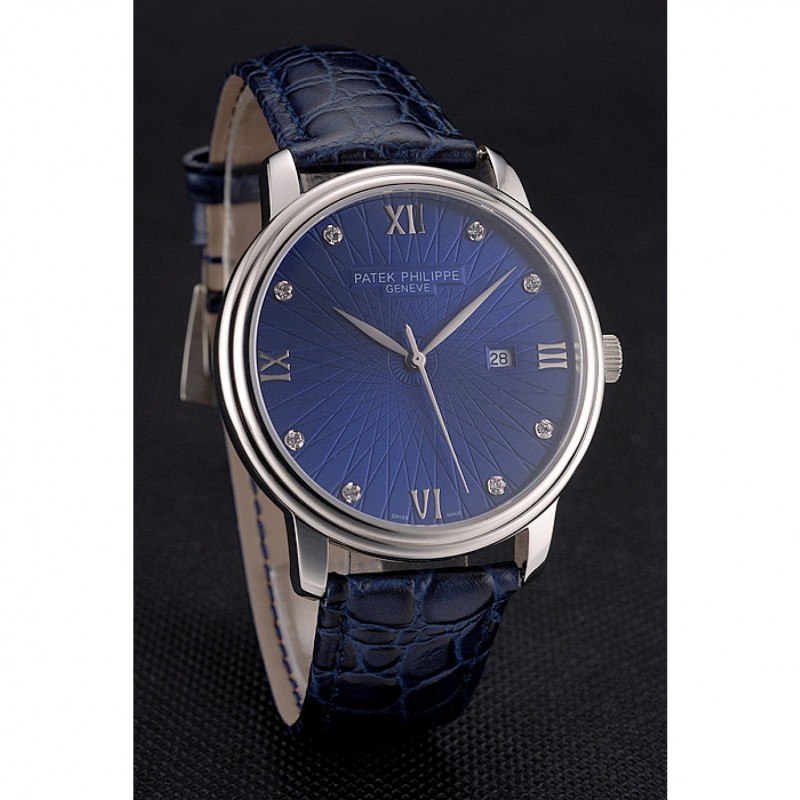 Patek Philippe Calatrava Quartz, Blue Dial, Japanese Movement, Polished SS Case, Blue Croc Strap