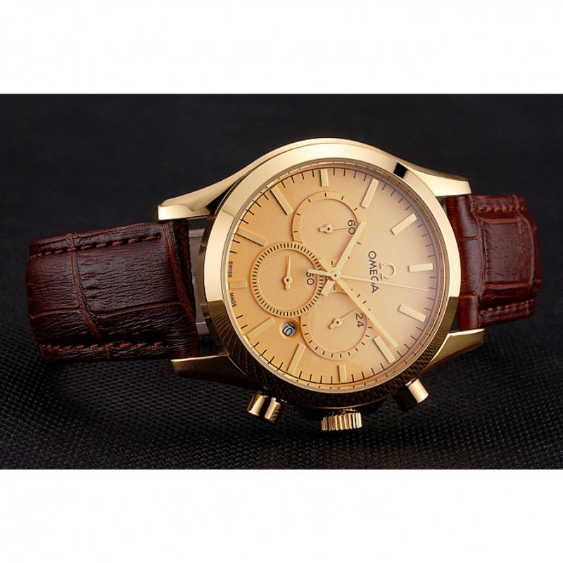 Omega Chronograph Replica Watch - 18k Yellow Gold Plated Case, Brown Crocodile Leather Strap