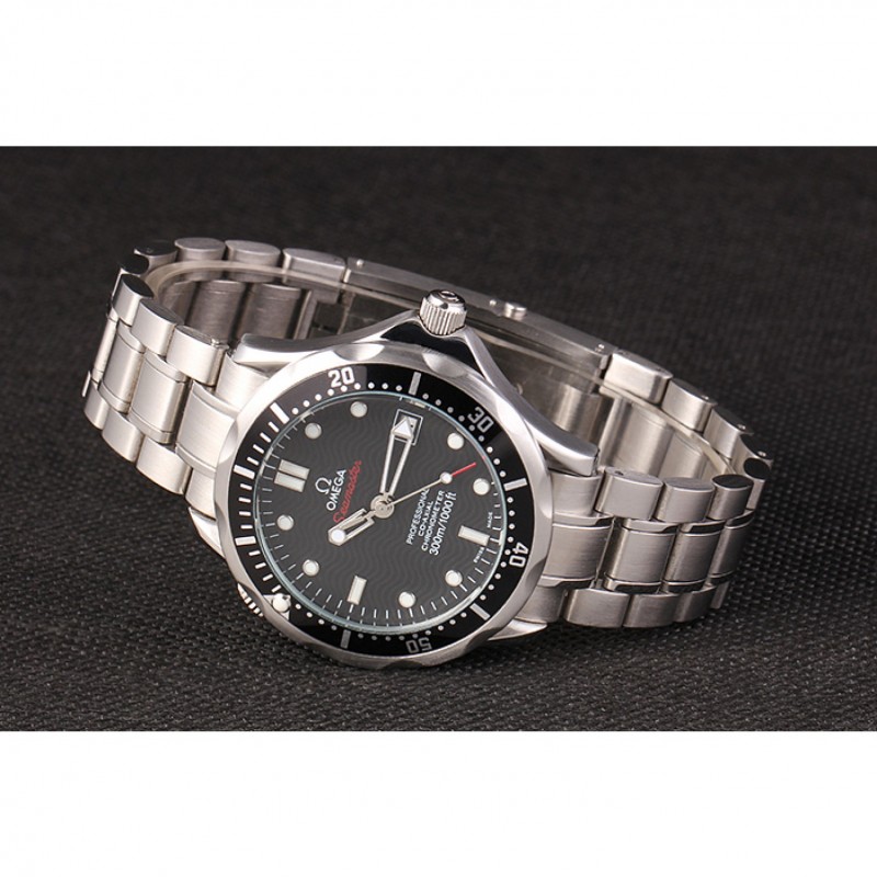 Omega Seamaster 1454192 Quartz Replica Watch, Stainless Steel Band, Black Dial, Sapphire Crystal