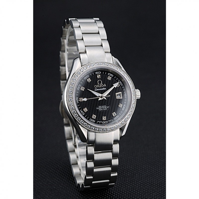Omega Seamaster 622449 - Quartz - Japanese - Stainless Steel - Diamond Bezel - Black Dial - Women's