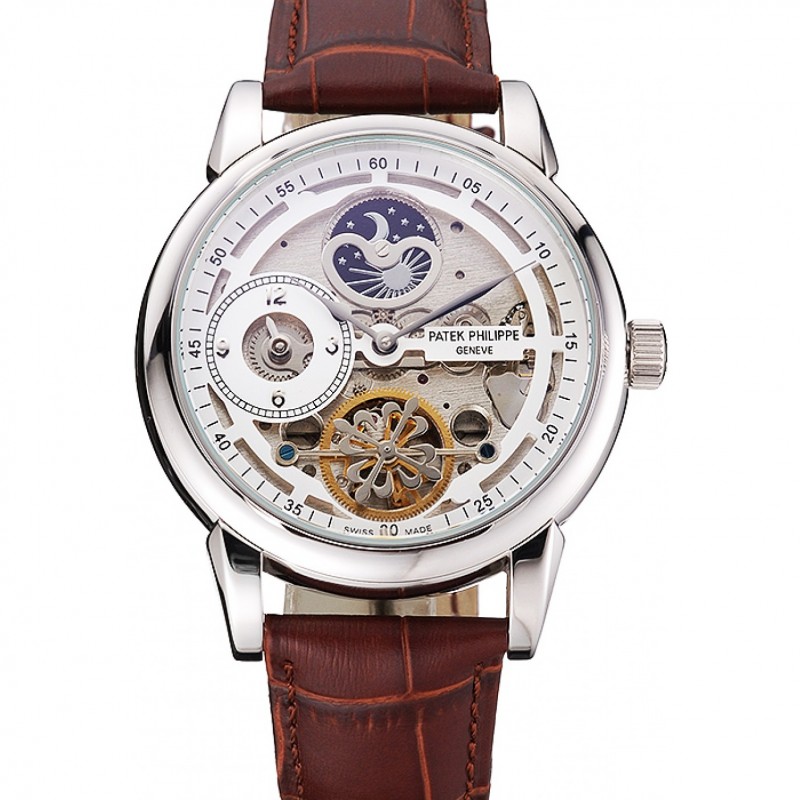 Patek Philippe Dual Time Moonphase Tourbillon Replica Watch, Automatic, Silver Dial