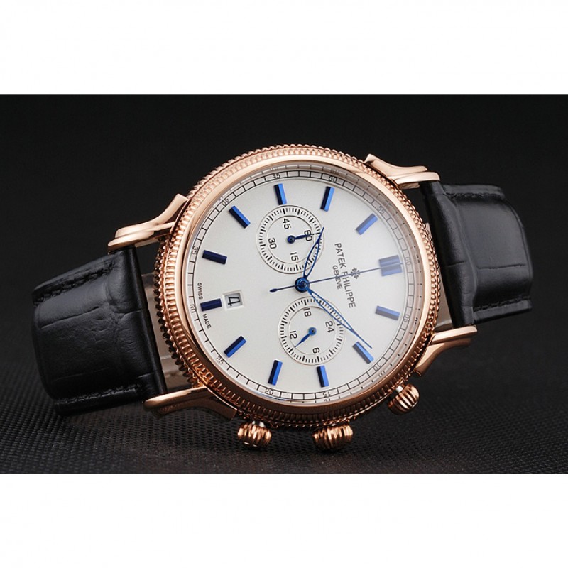 Patek Philippe Complications Quartz Chronograph Watch 52x40mm 18k Rose-Gold Plated Black White Mens