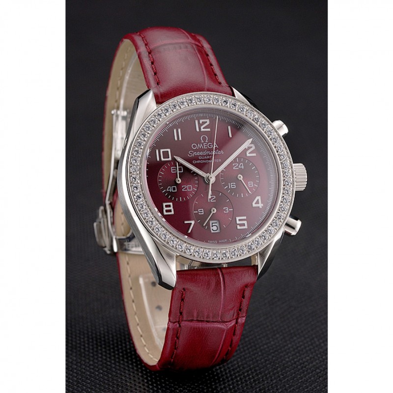 Omega Speedmaster Replica Watch, Burgundy Dial, Japanese Quartz, Polished Steel Case, Diamond