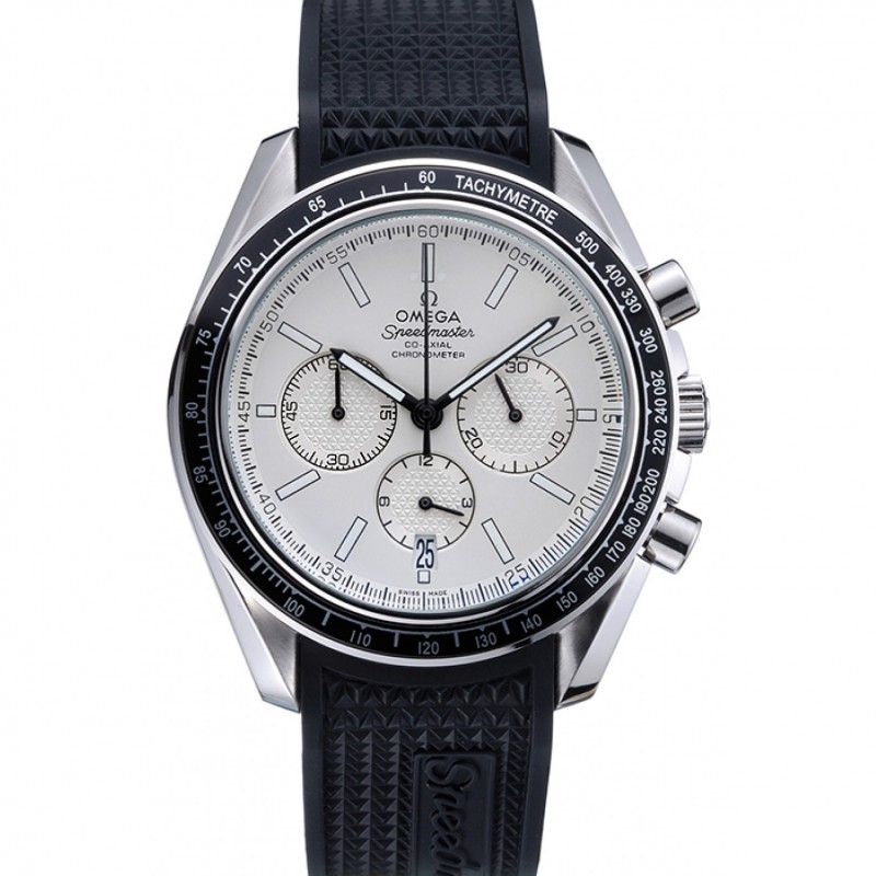 Omega Speedmaster 622040 Quartz Replica Watch, White Dial, Brushed Steel Case, Black Rubber Strap