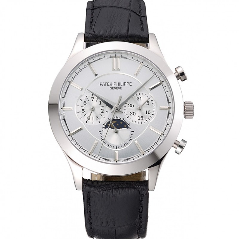 Patek Philippe Moonphase Chronograph Replica, Automatic Movement, Silver Dial, Steel Case, Model
