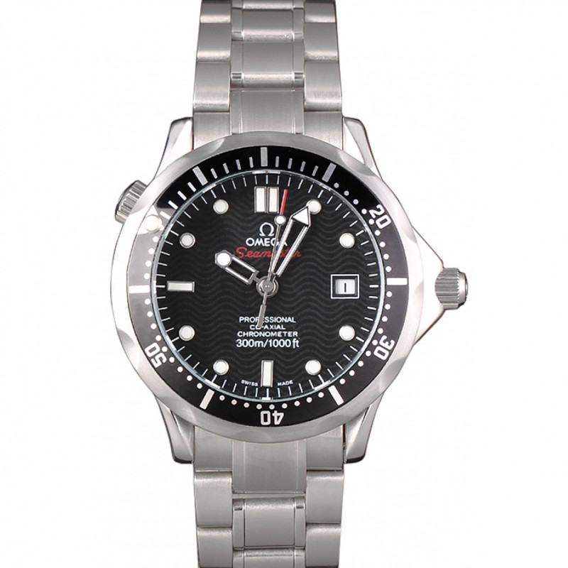 Omega Seamaster 1454192 Quartz Replica Watch, Stainless Steel Band, Black Dial, Sapphire Crystal