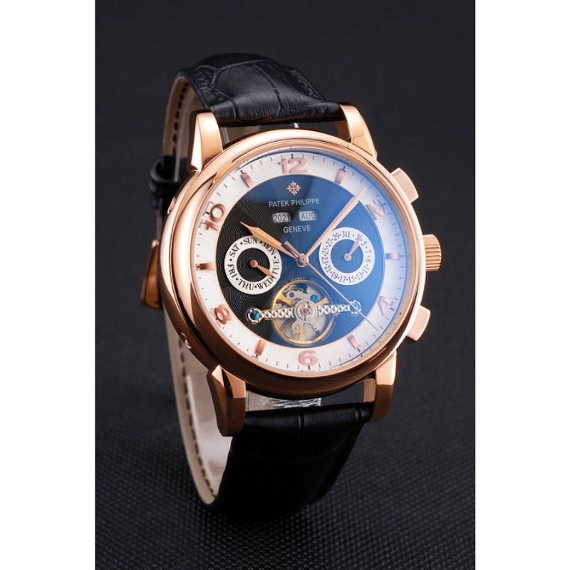 Patek Philippe Perpetual Calendar Replica Watch, Automatic, Black Dial, 18k Rose-Gold Plated, 55 x