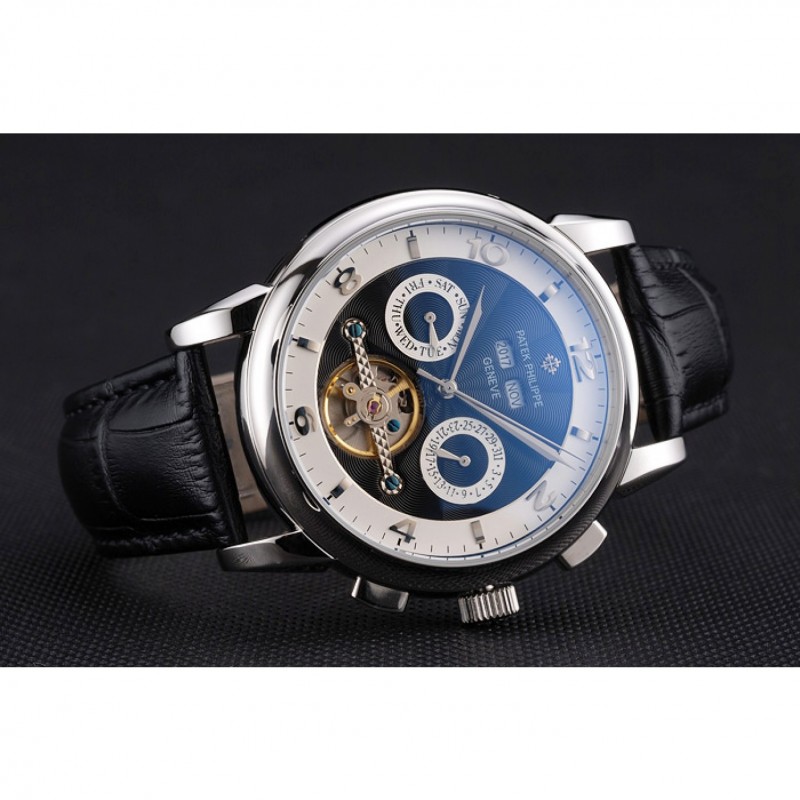 Patek Philippe Perpetual Complications Replica Watch, Automatic, Black Dial, Polished Stainless