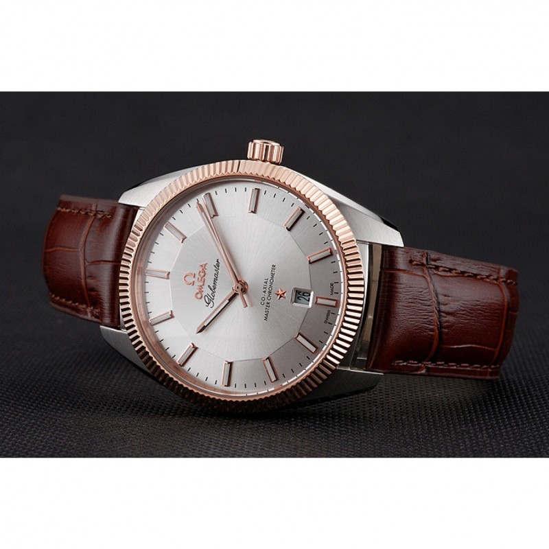 Omega Globemaster Replica Watch, Automatic Kinetic, 18k Rose-Gold Bezel, Brown Leather Strap, Model