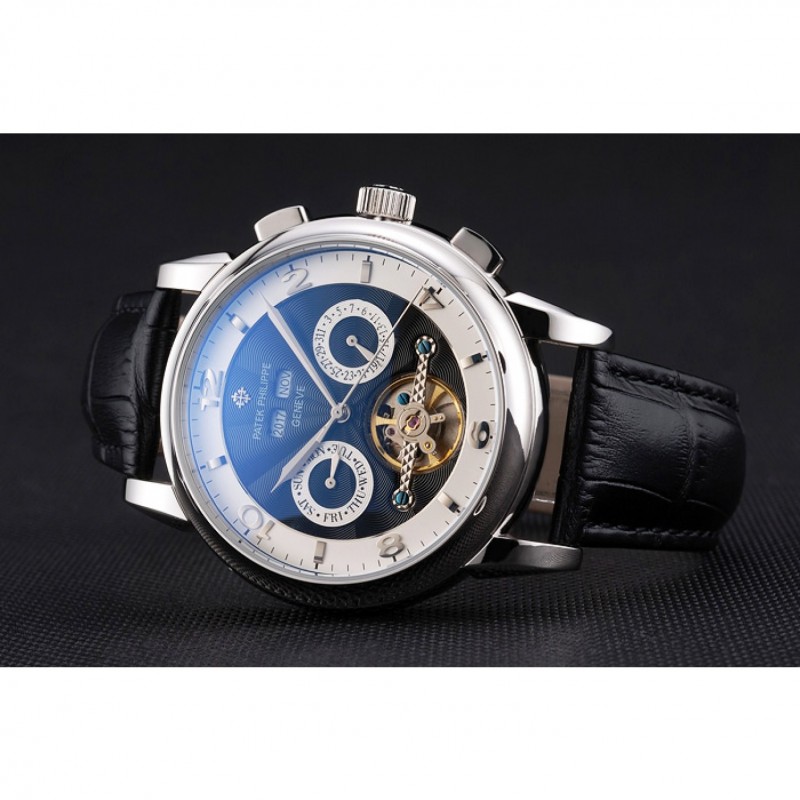 Patek Philippe Perpetual Complications Replica Watch, Automatic, Black Dial, Polished Stainless