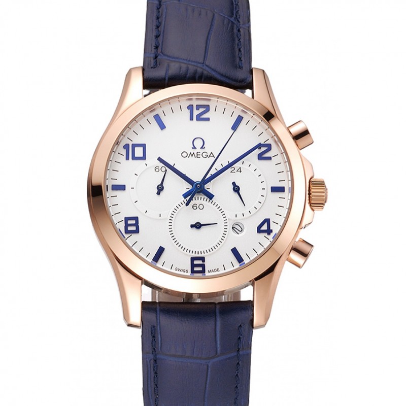 Omega Chronograph 48x39mm | Quartz Battery | 18k Rose-Gold Plated | Blue Crocodile Leather Strap