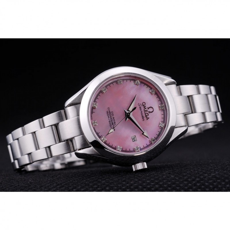 Omega Seamaster OM151 Replica Watch, Japanese Quartz, Purple Dial, Brushed Steel Case & Bracelet
