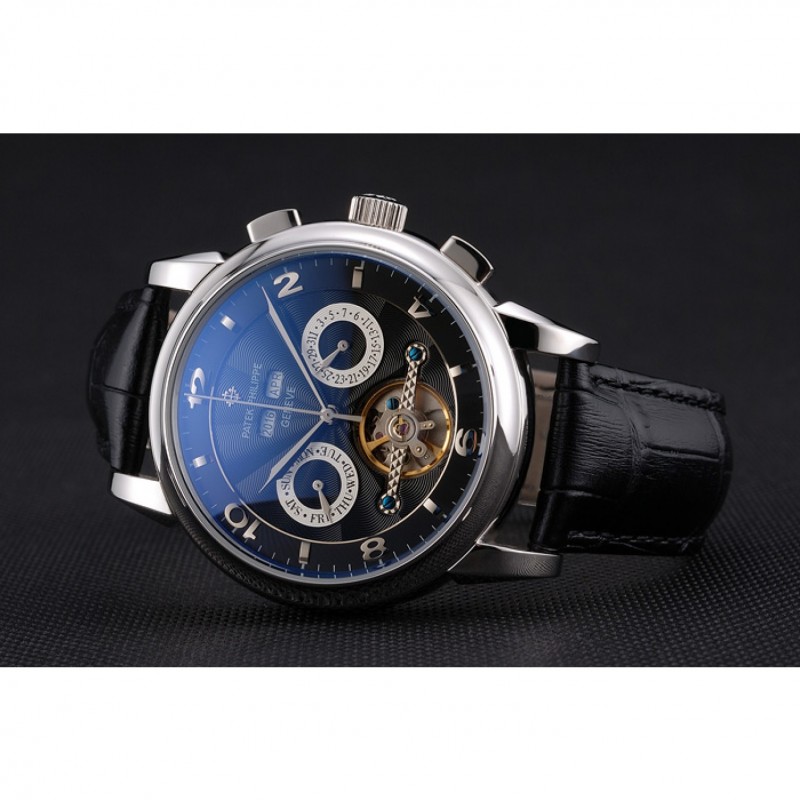 Patek Philippe Perpetual Replica Watch, Automatic Movement, Polished Stainless Steel, Black Dial