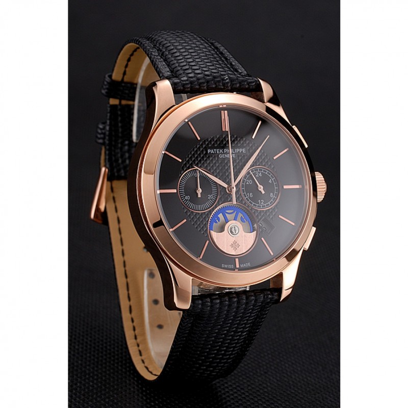 Patek Philippe Chronograph Replica Watch, Quartz Movement, 18k Rose-Gold Plated, Black Dial, Men's