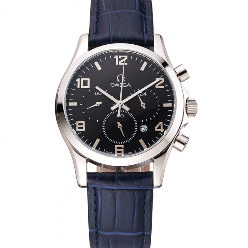 Omega Chronograph Replica Watch - Black Dial, Stainless Steel Case, Japanese Quartz, Blue Crocodile