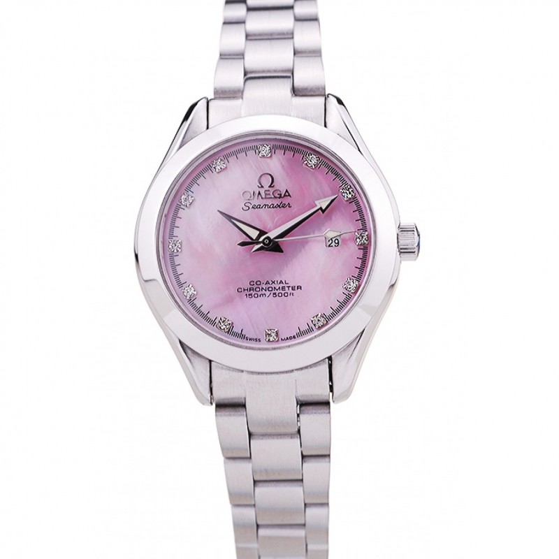 Omega Seamaster OM151 Replica Watch, Japanese Quartz, Purple Dial, Brushed Steel Case & Bracelet