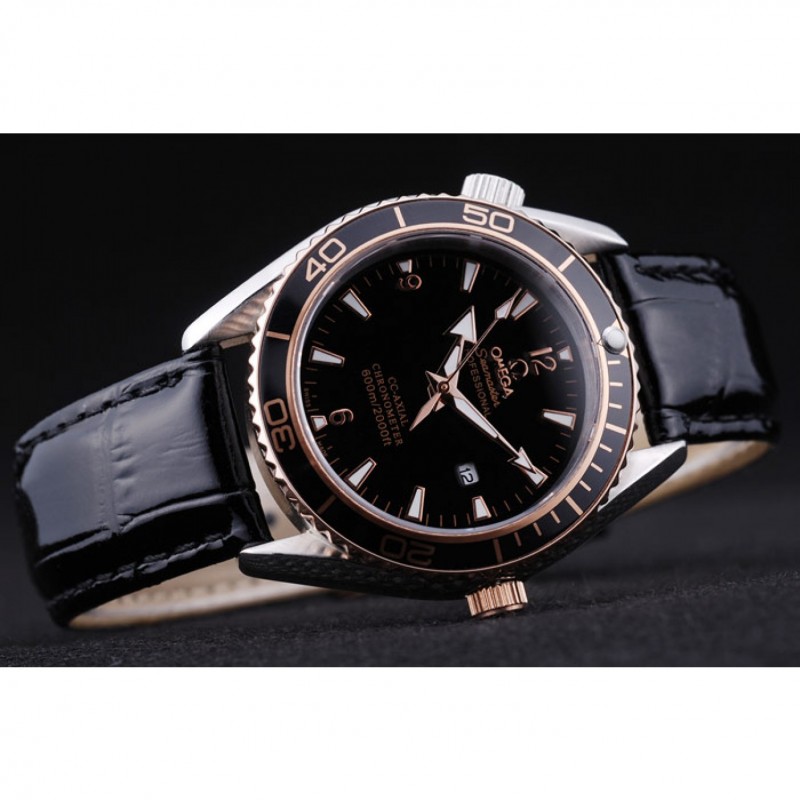 Omega Seamaster Replica Watch, Japanese Quartz, Black Dial, Polished Steel Case, Model: OM173