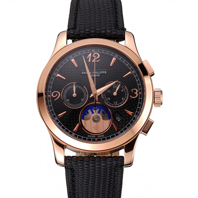 Patek Philippe Complications Chronograph Replica Watch, Black Dial, 18K Rose-Gold Plated, Model