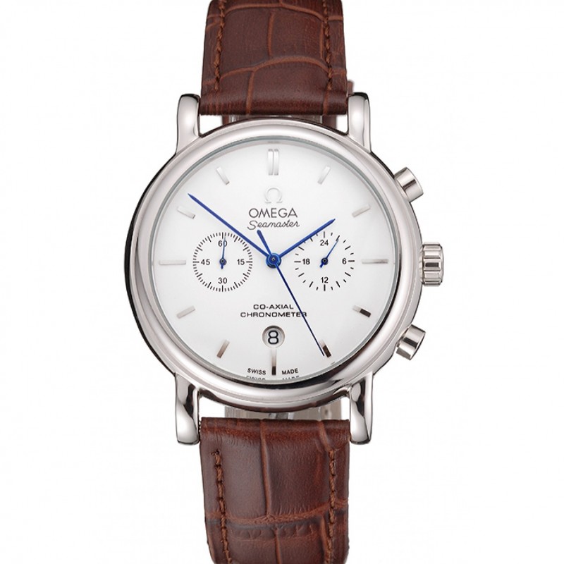 Omega Seamaster Replica Watch, Quartz, Japanese, Polished Stainless Steel Case, Brown Leather