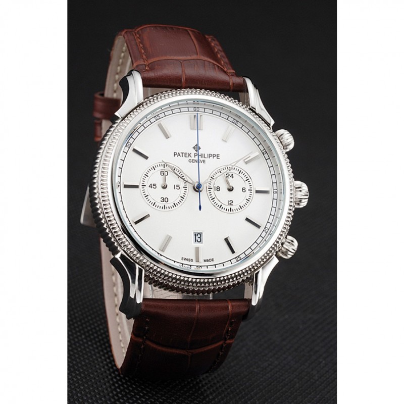 Patek Philippe Chronograph Replica Watch, Quartz Miyota Movement, White Dial, 52x40mm Case, Brown
