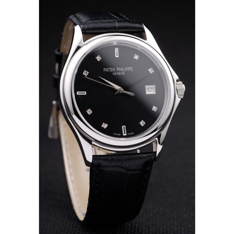 Patek Philippe Geneve Calatrava Replica Watch, Automatic, Japanese, Black Leather Strap, 46x38mm