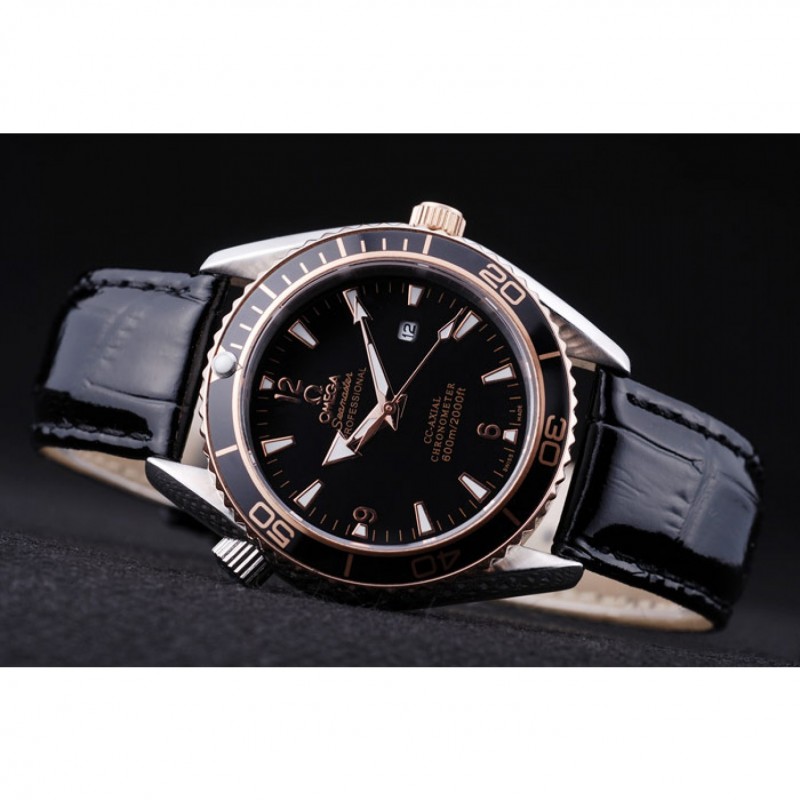 Omega Seamaster Replica Watch, Japanese Quartz, Black Dial, Polished Steel Case, Model: OM173