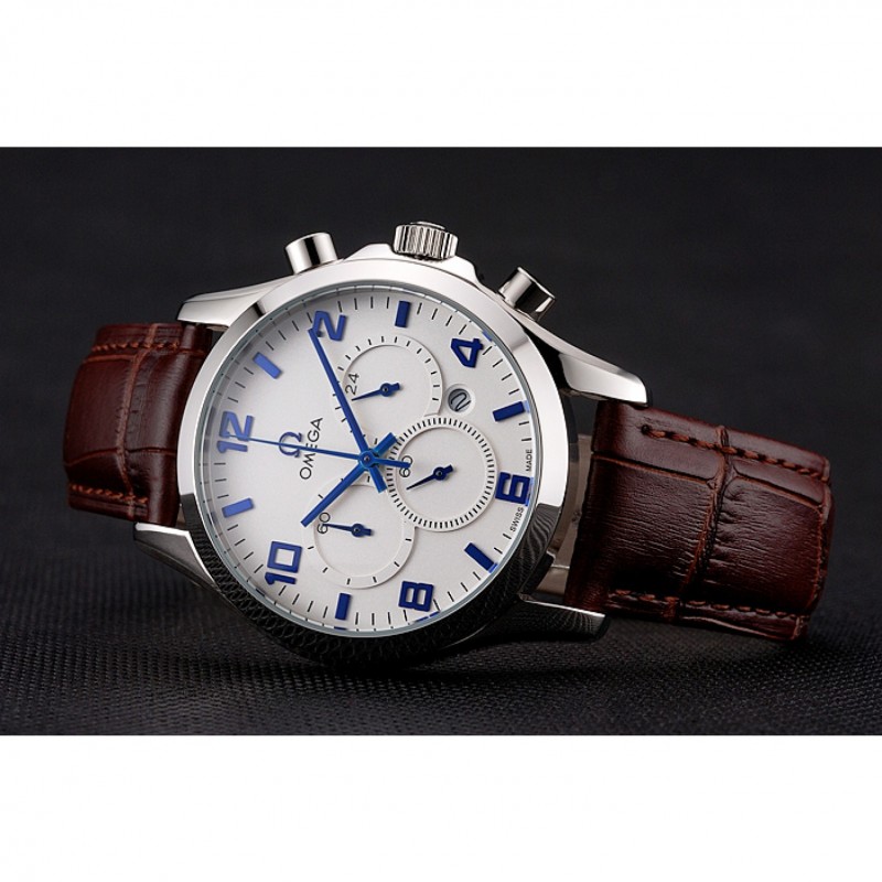 Omega Chronograph - Quartz Battery - Japanese Quality - Polished Stainless Steel - Brown Leather
