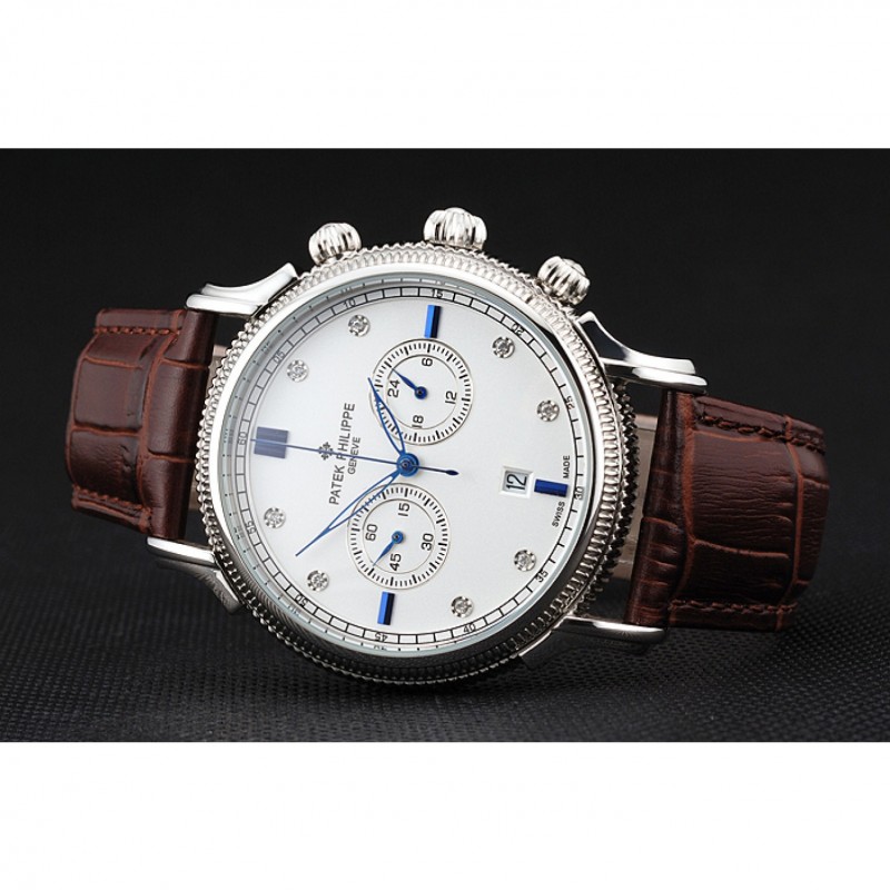 Patek Philippe Chronograph Replica Watch, Quartz, Polished Stainless Steel, Brown Leather Strap
