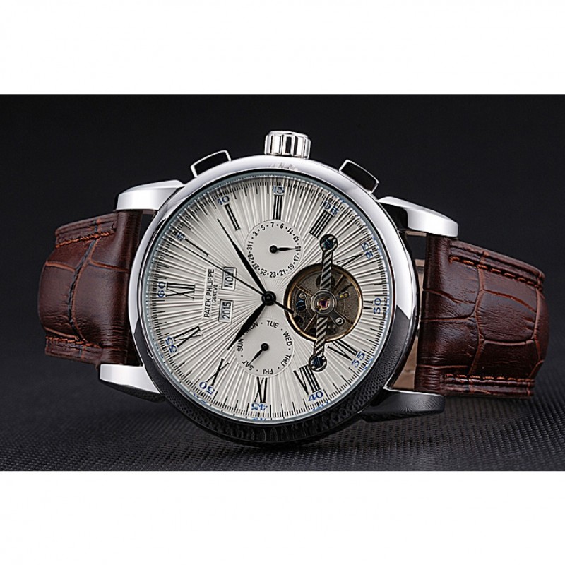 Patek Philippe Grand Complications Replica Watch, Automatic Kinetic, White Dial, Polished SS, Brown