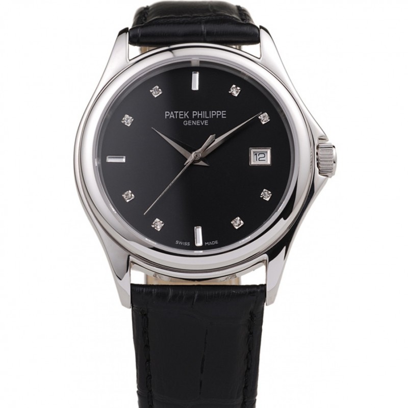 Patek Philippe Geneve Calatrava Replica Watch, Automatic, Japanese, Black Leather Strap, 46x38mm