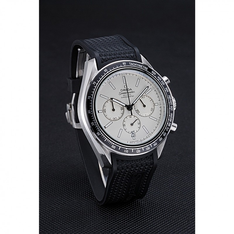Omega Speedmaster 622040 Quartz Replica Watch, White Dial, Brushed Steel Case, Black Rubber Strap