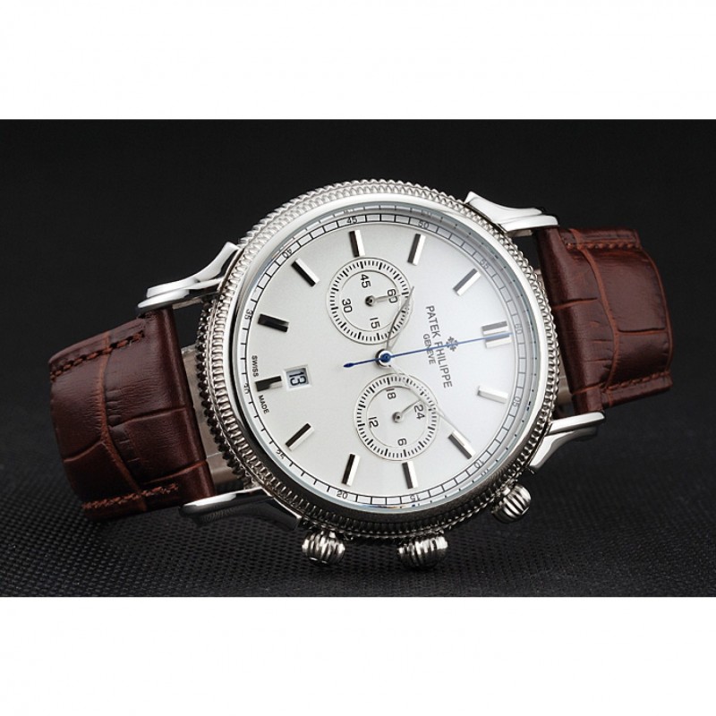 Patek Philippe Chronograph Replica Watch, Quartz Miyota Movement, White Dial, 52x40mm Case, Brown