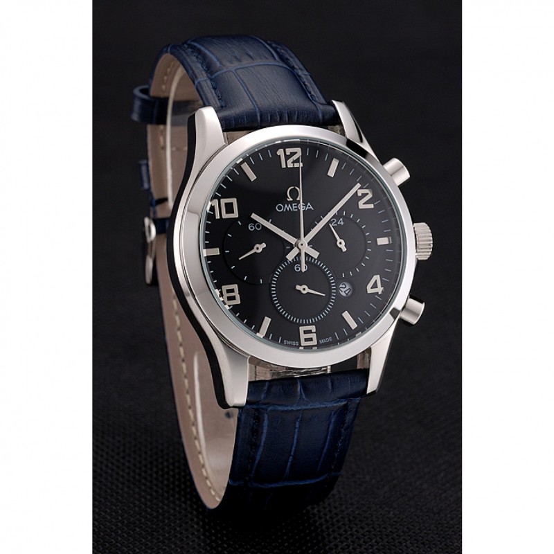 Omega Chronograph Replica Watch - Black Dial, Stainless Steel Case, Japanese Quartz, Blue Crocodile