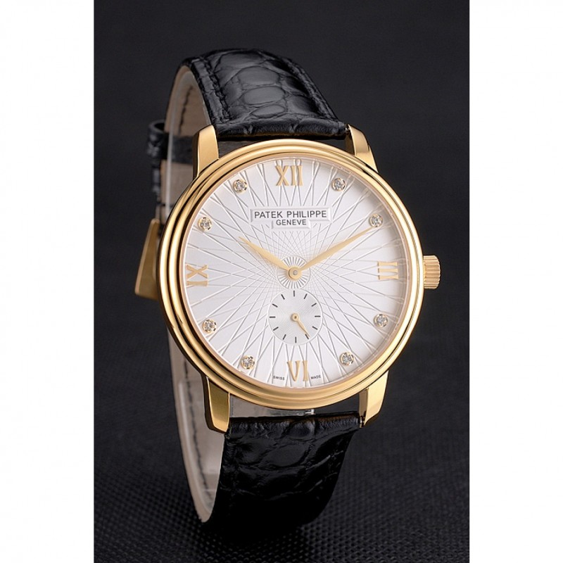Patek Philippe Calatrava Replica Watch, Quartz Movement, 18k Yellow Gold Plated, Black Leather