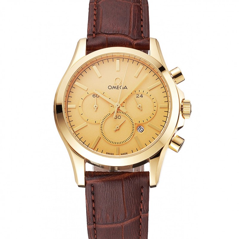 Omega Chronograph Replica Watch - 18k Yellow Gold Plated Case, Brown Crocodile Leather Strap