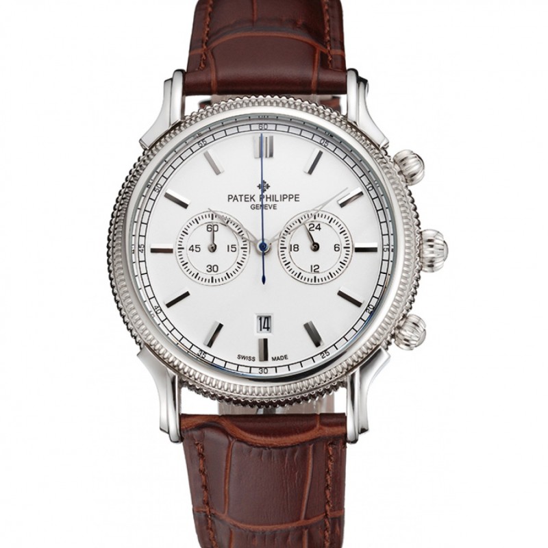 Patek Philippe Chronograph Replica Watch, Quartz Miyota Movement, White Dial, 52x40mm Case, Brown