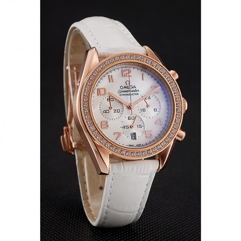 Omega Speedmaster - Quartz - White Dial - Women's Watch - 18k Rose-Gold Plated - Chronograph
