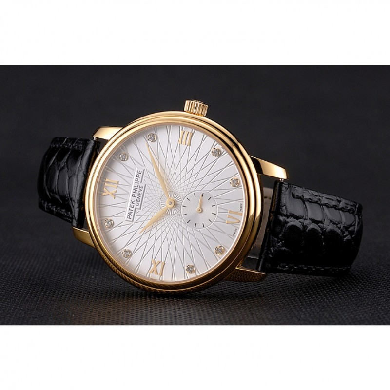 Patek Philippe Calatrava Replica Watch, Quartz Movement, 18k Yellow Gold Plated, Black Leather