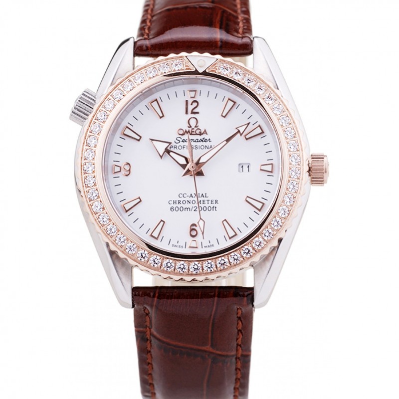 Omega Seamaster OM170 Replica Watch, Quartz, White Dial, Polished Steel Case, 18k Rose-Gold Bezel