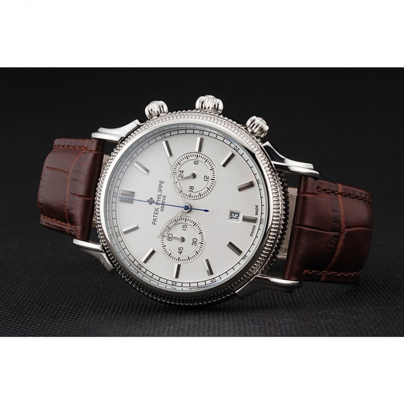 Patek Philippe Chronograph Replica Watch, Quartz Miyota Movement, White Dial, 52x40mm Case, Brown